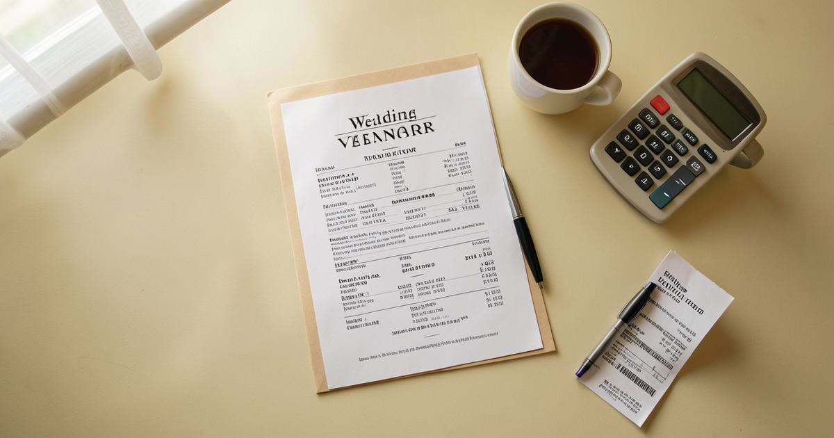 Overhead view of a wedding vendor invoice, receipts, a calculator and a coffee cup on an ivory desk
