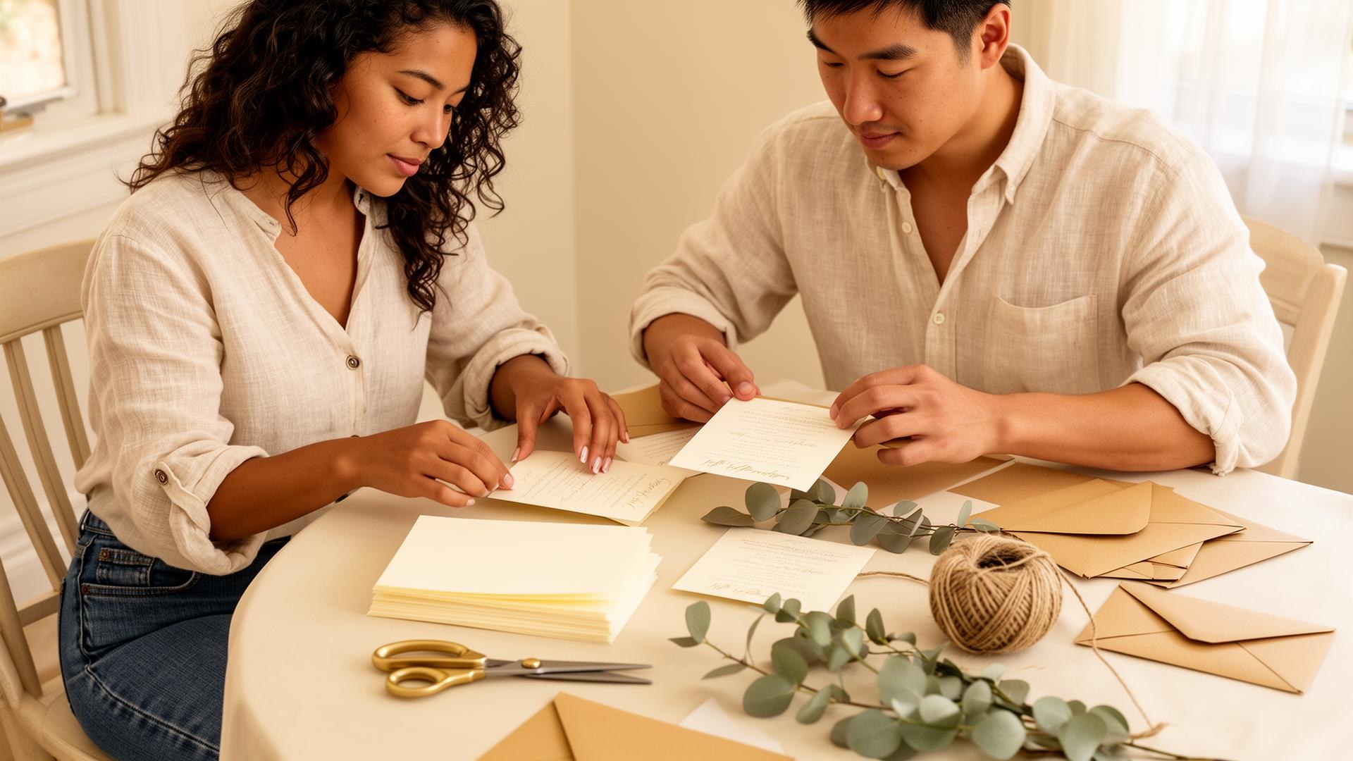 A couple assembling DIY wedding invitations together at a sunlit dining table