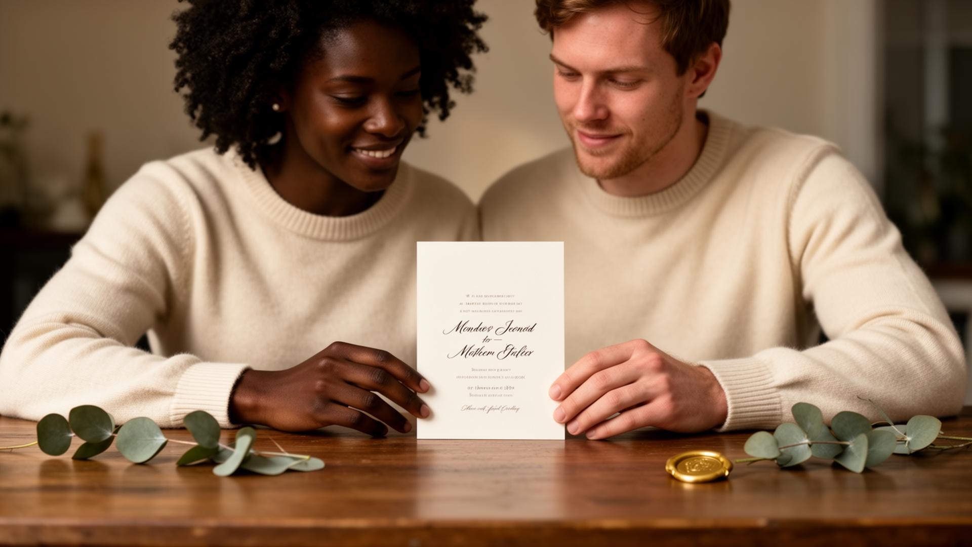 A joyful couple holding letterpress wedding invitations with wax seals