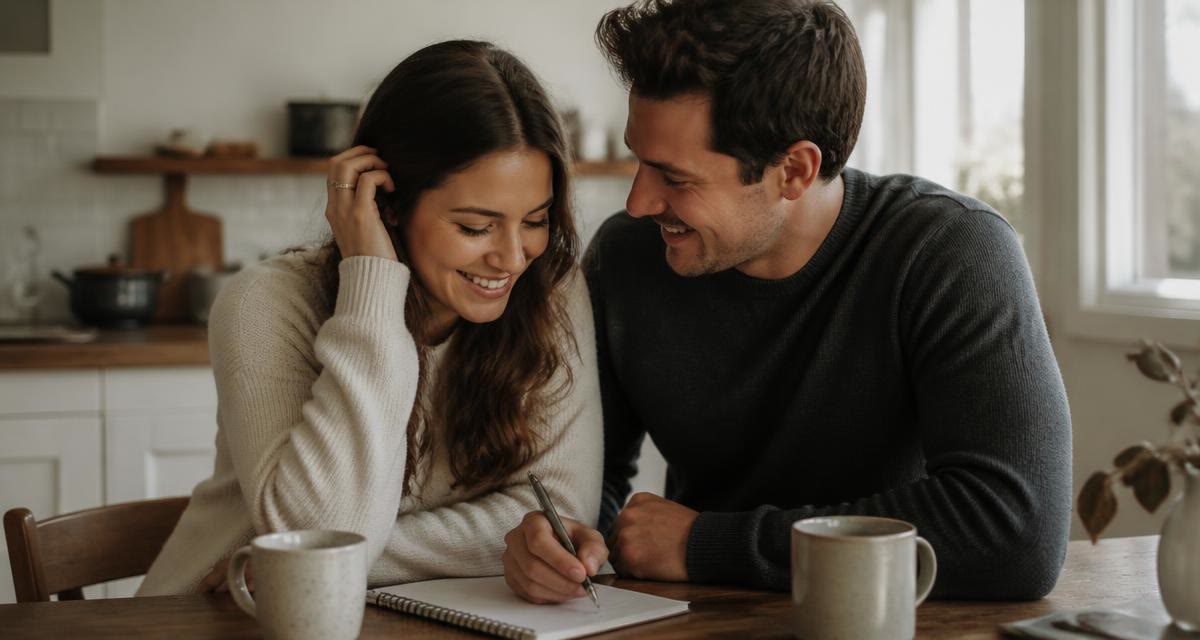 Newly engaged couple with coffee and a notebook at a kitchen table, talking through early wedding decisions